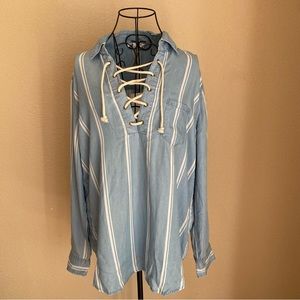 NWT beachlunchlounge Pullover Blue White Striped Long Sleeve Shirt Tunic Size M